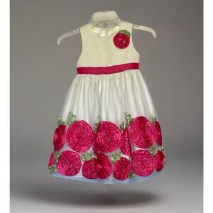 American Princess Size 5 Formal Dress Cream Hot Pink Rosettes Dbl Crinolines EUC